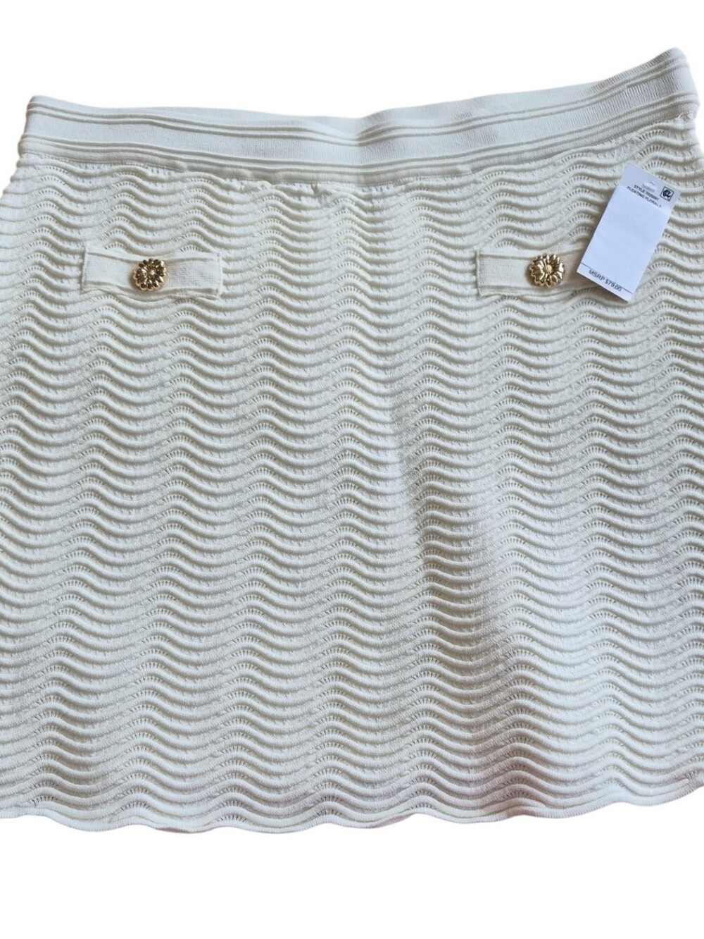 CeCe Floating Florals Vanilla Ice Textured Sweater Knit Skirt Gold Buttons L NWT